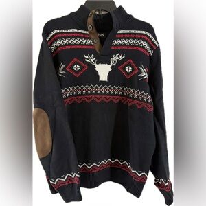 EUC Chaps Men’s Medium Three-Button Sweater in Black with a deer/holiday design